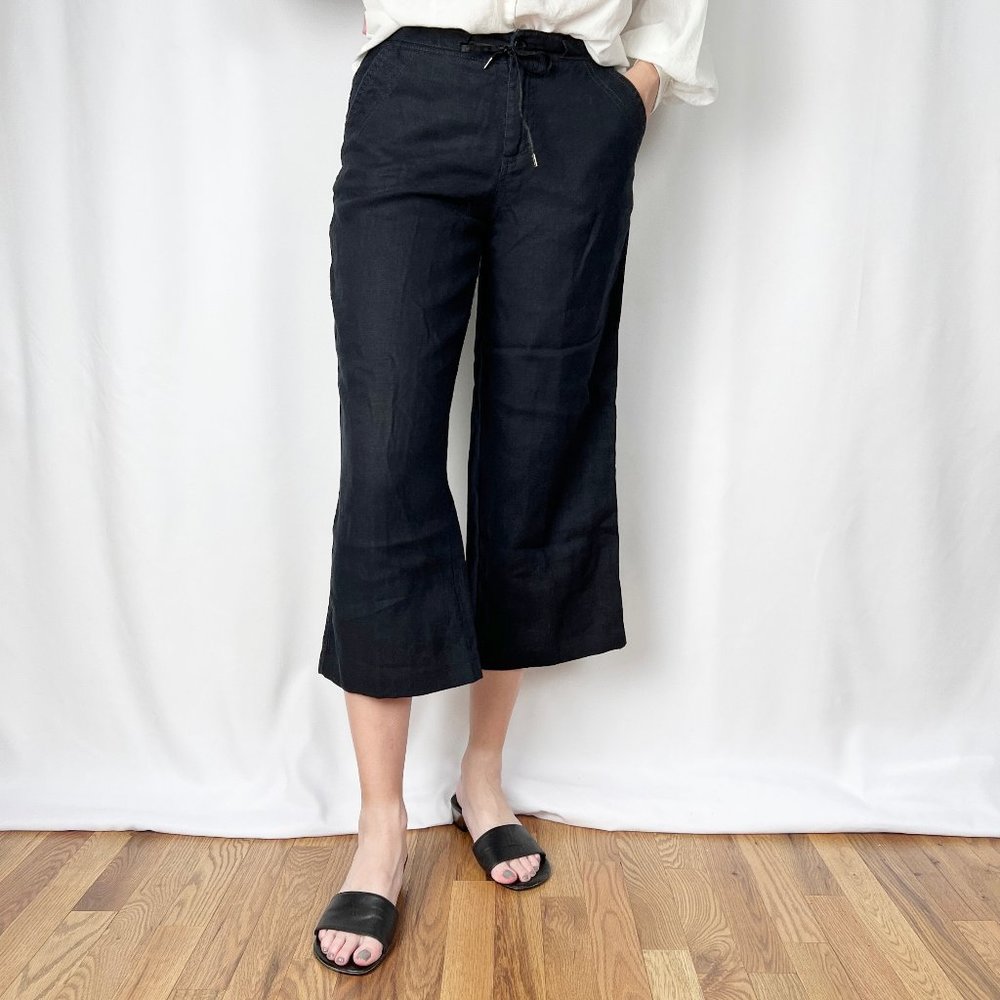 Vintage 100% Linen High Waisted Wide Straight Leg Cropped Boot Cut Trouser Pants - Picture 2 of 9